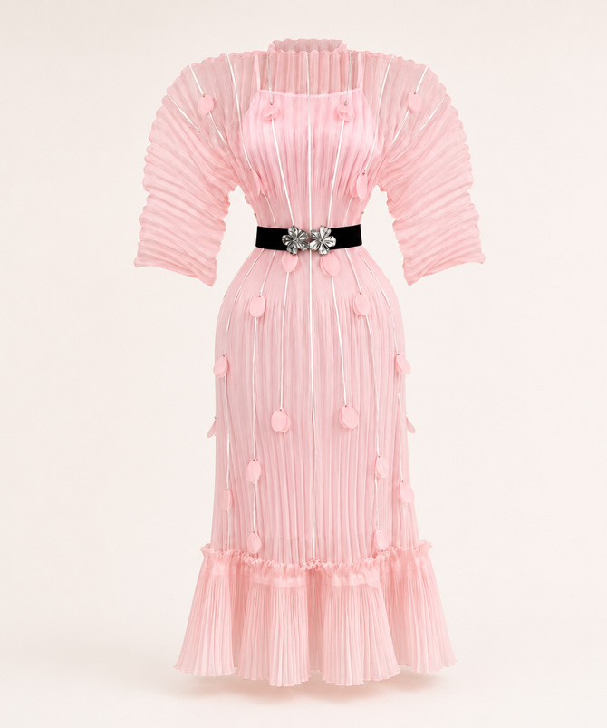 Roselle Bloom blush pink pleated midi dress featuring floral appliqués with gold tone studs, statement pleated sleeves, ruffle hem and black elastic waist belt with floral buckle - TORFEO