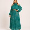 Sienna Muse paisley pleated chiffon two-piece skirt set featuring a cold shoulder long sleeve crop blouse and high waist maxi skirt in Teal Green - TORFEO