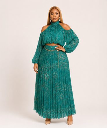 Sienna Muse paisley pleated chiffon two-piece skirt set featuring a cold shoulder long sleeve crop blouse and high waist maxi skirt in Teal Green - TORFEO