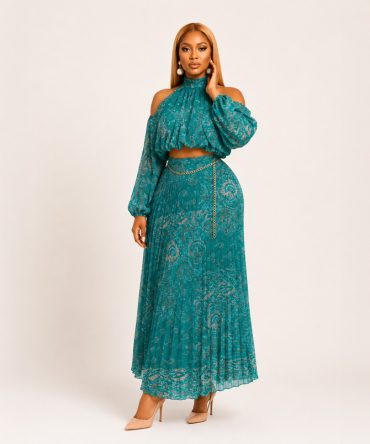 Sienna Muse paisley pleated chiffon two-piece skirt set featuring a cold shoulder long sleeve crop blouse and high waist maxi skirt in Teal Green - TORFEO