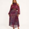 Sienna Muse paisley pleated chiffon two-piece skirt set featuring a cold shoulder long sleeve crop blouse and high waist maxi skirt in Wine - TORFEO
