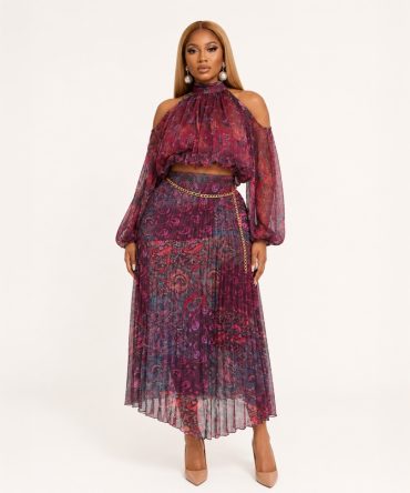 Sienna Muse paisley pleated chiffon two-piece skirt set featuring a cold shoulder long sleeve crop blouse and high waist maxi skirt in Wine - TORFEO