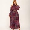 Sienna Muse paisley pleated chiffon two-piece skirt set featuring a cold shoulder long sleeve crop blouse and high waist maxi skirt in Wine - TORFEO