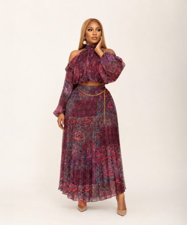 Sienna Muse paisley pleated chiffon two-piece skirt set featuring a cold shoulder long sleeve crop blouse and high waist maxi skirt in Wine - TORFEO