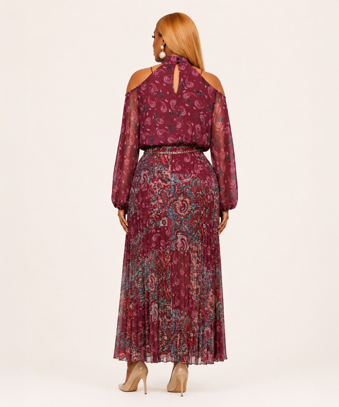 Sienna Muse paisley pleated chiffon two-piece skirt set featuring a cold shoulder long sleeve crop blouse and high waist maxi skirt in Wine - TORFEO