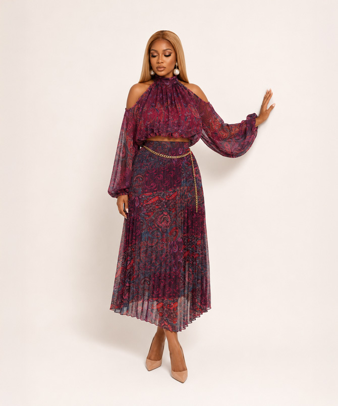 Sienna Muse paisley pleated chiffon two-piece skirt set featuring a cold shoulder long sleeve crop blouse and high waist maxi skirt in Wine - TORFEO