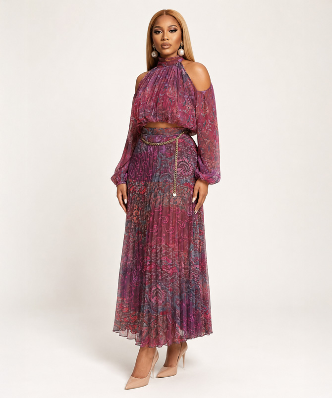 Sienna Muse paisley pleated chiffon two-piece skirt set featuring a cold shoulder long sleeve crop blouse and high waist maxi skirt in Wine - TORFEO