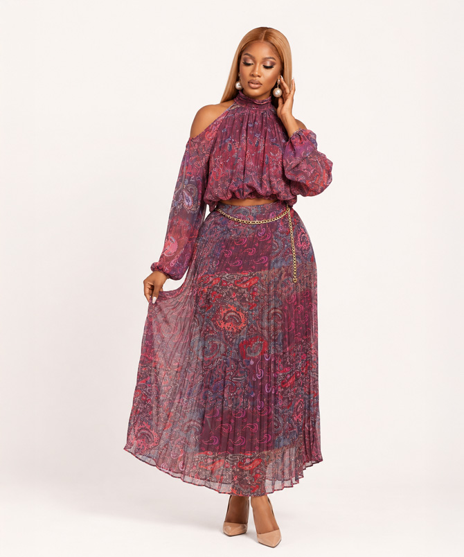 Sienna Muse paisley pleated chiffon two-piece skirt set featuring a cold shoulder long sleeve crop blouse and high waist maxi skirt in Wine - TORFEO
