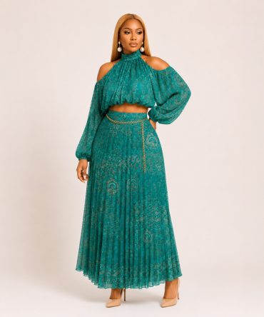Sienna Muse paisley pleated chiffon two-piece skirt set featuring a cold shoulder long sleeve crop blouse and high waist maxi skirt in Teal Green - TORFEO