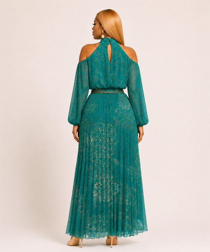 Sienna Muse paisley pleated chiffon two-piece skirt set featuring a cold shoulder long sleeve crop blouse and high waist maxi skirt in Teal Green - TORFEO
