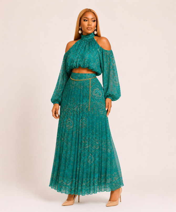 Sienna Muse paisley pleated chiffon two-piece skirt set featuring a cold shoulder long sleeve crop blouse and high waist maxi skirt in Teal Green - TORFEO