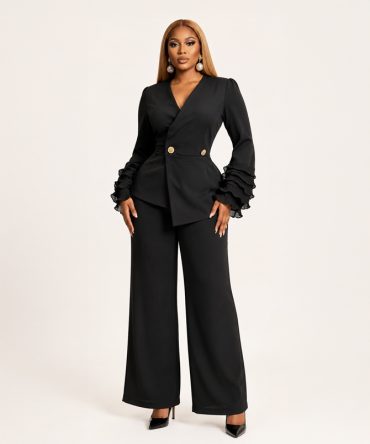 Celine Ruffle Sleeve Set black two-piece trouser set for women - TORFEO