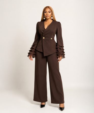 Celine Ruffle Sleeve Set chocolate brown two-piece trouser set - TORFEO