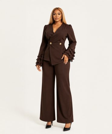 Celine Ruffle Sleeve Set chocolate brown two-piece trouser set - TORFEO