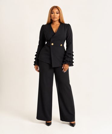 Celine Ruffle Sleeve Set black two-piece trouser set for women - TORFEO