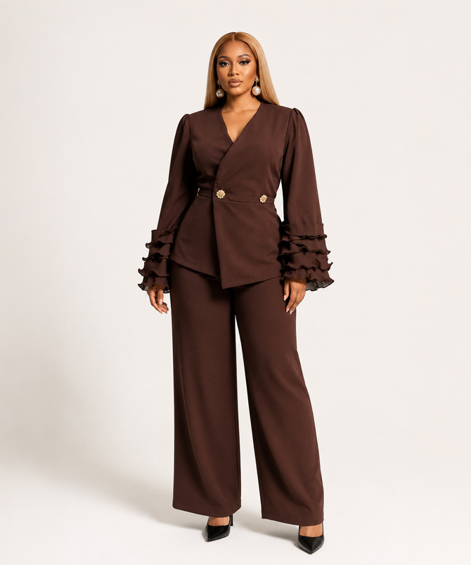 Celine Ruffle Sleeve Set chocolate brown two-piece trouser set - TORFEO