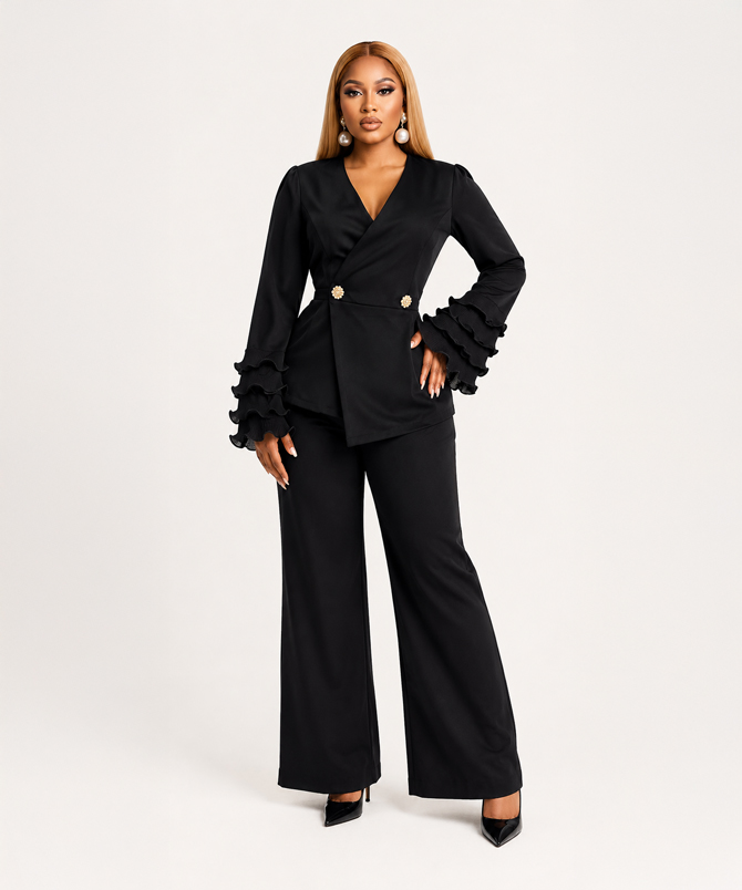 Celine Ruffle Sleeve Set black two-piece trouser set for women - TORFEO