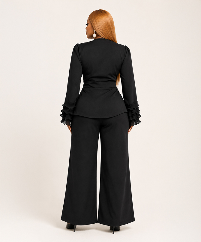 Celine Ruffle Sleeve Set black two-piece wide-leg trouser set back view - TORFEO