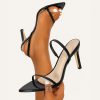 Elara Textured Patent Slingback Heels in glossy black with pointed toe and stiletto heel - TORFEO