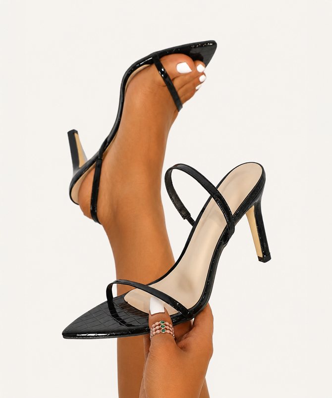 Elara Textured Patent Slingback Heels in glossy black with pointed toe and stiletto heel - TORFEO
