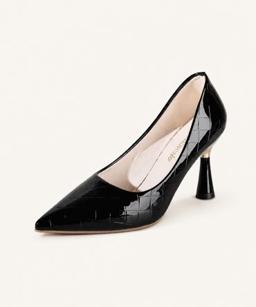Elise black pointed toe patent stiletto pumps with glossy crocodile texture - TORFEO