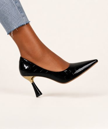 Elise black pointed toe patent stiletto pumps with glossy crocodile texture - TORFEO