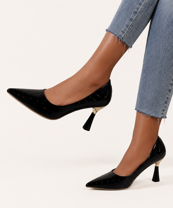 Elise black pointed toe patent stiletto pumps with glossy crocodile texture - TORFEO