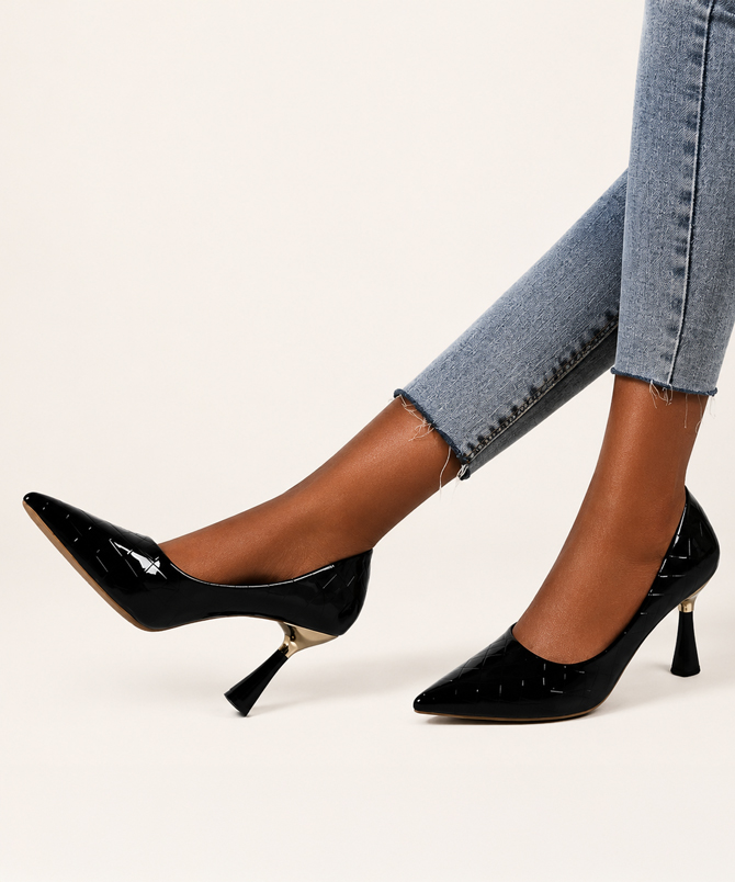 Elise black pointed toe patent stiletto pumps with glossy crocodile texture - TORFEO