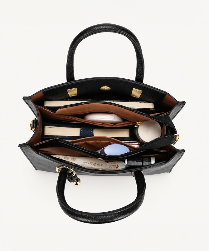 Bellavie black leather handbag for women with top handles and detachable shoulder strap - TORFEO