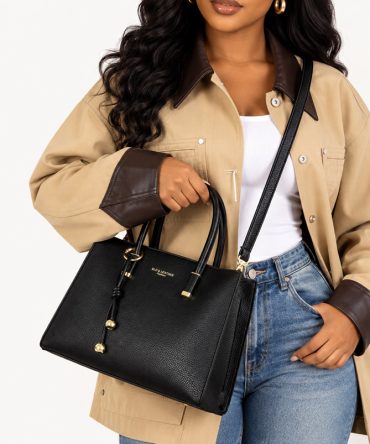Bellavie black leather handbag for women with top handles and detachable shoulder strap - TORFEO