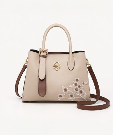 Camellia Blossom Luxe genuine leather floral embroidered handbag in ivory beige with brown accents and detachable shoulder strap - TORFEO