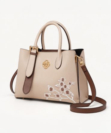 Camellia Blossom Luxe genuine leather floral embroidered handbag in ivory beige with brown accents and detachable shoulder strap - TORFEO