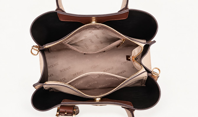 Camellia Blossom Luxe genuine leather floral embroidered handbag in ivory beige with brown accents and detachable shoulder strap - TORFEO