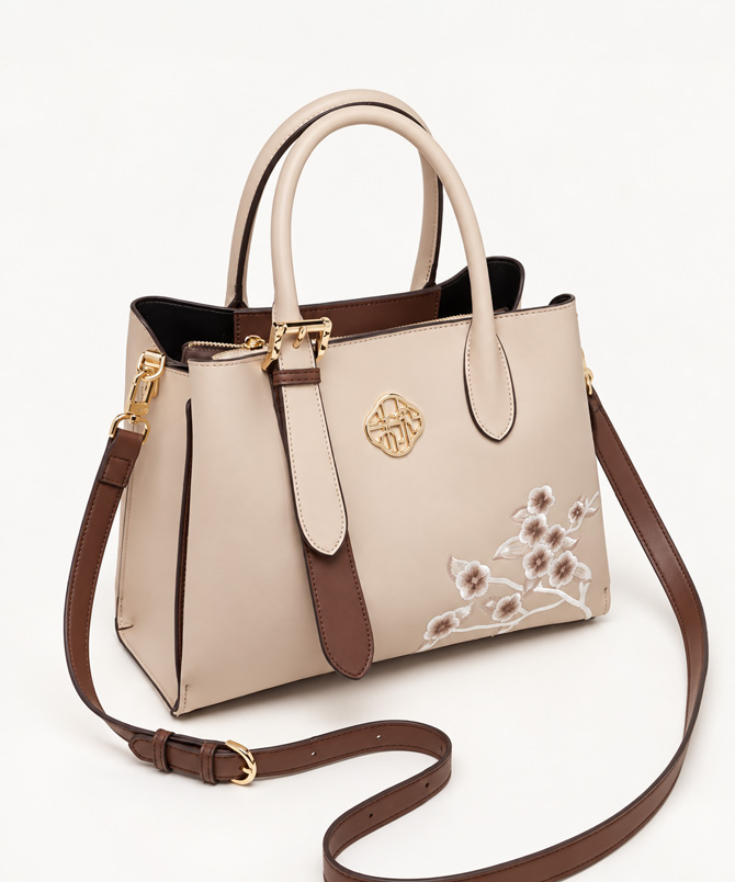 Camellia Blossom Luxe genuine leather floral embroidered handbag in ivory beige with brown accents and detachable shoulder strap - TORFEO