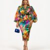 Floral Ruffles Two Piece multicolour blouse and high waist fitted midi skirt for women - TORFEO