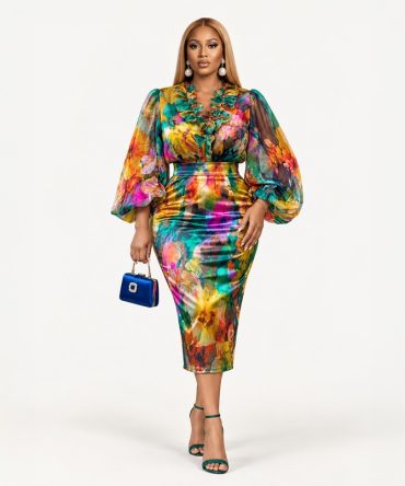 Floral Ruffles Two Piece multicolour blouse and high waist fitted midi skirt for women - TORFEO