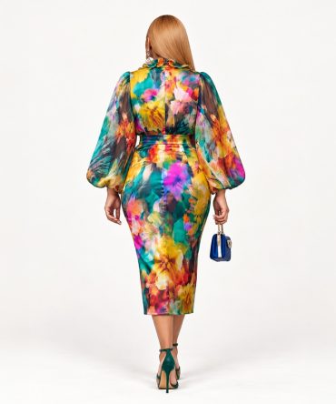 Floral Ruffles Two Piece multicolour blouse and high waist fitted midi skirt for women - TORFEO