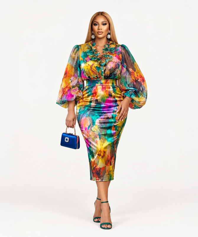 Floral Ruffles Two Piece multicolour blouse and high waist fitted midi skirt for women - TORFEO