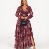 Glamorous Floral Layered Dress in wine with long sheer sleeves and floral print maxi skirt - TORFEO
