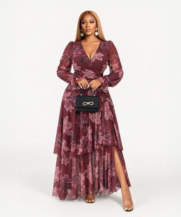 Glamorous Floral Layered Dress in wine with long sheer sleeves and floral print maxi skirt - TORFEO