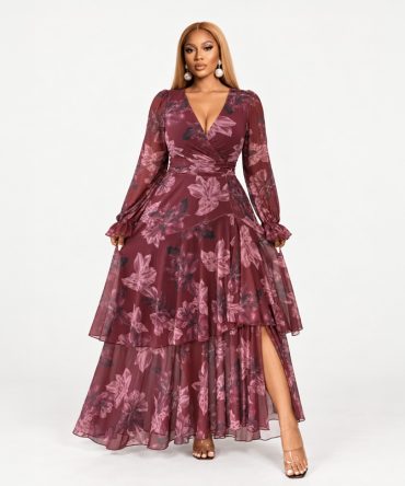 Glamorous Floral Layered Dress in wine with long sheer sleeves and floral print maxi skirt - TORFEO