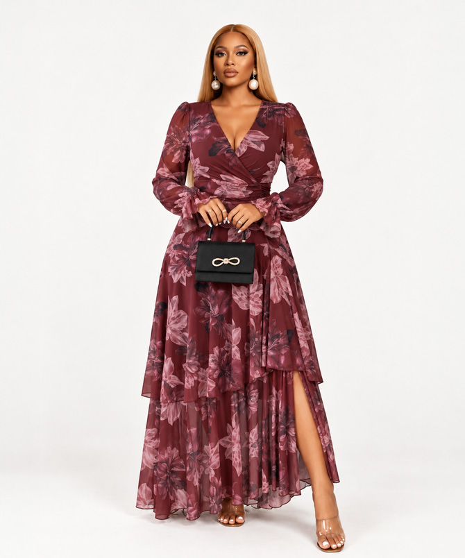 Glamorous Floral Layered Dress in wine with long sheer sleeves and floral print maxi skirt - TORFEO