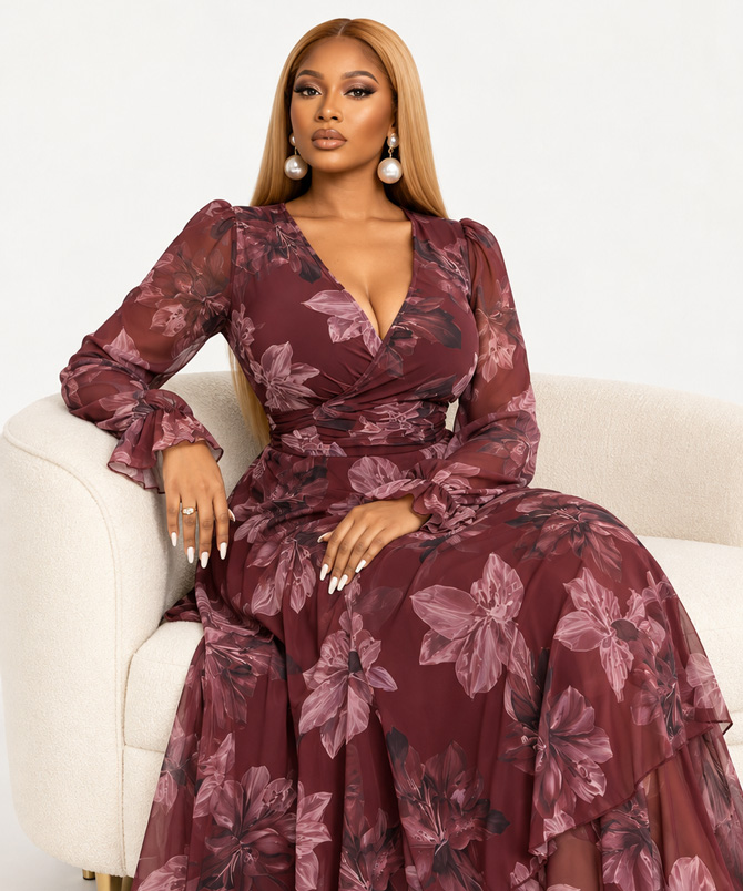Glamorous Floral Layered Dress in wine with long sheer sleeves and floral print maxi skirt - TORFEO