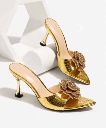 Golden Floral Mule Heels for Women with Floral Crystal Detail by TORFEO