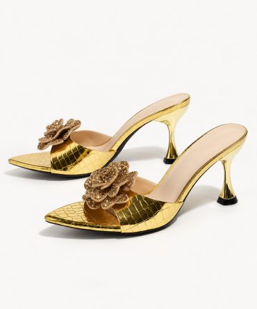 Golden Floral Mule Heels for Women with Floral Crystal Detail by TORFEO