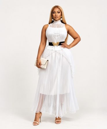 White halter neck pleated 3-piece set with flowing skirt and black elastic butterfly belt - TORFEO