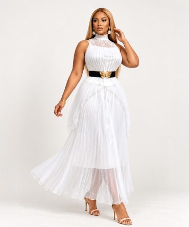 White halter neck pleated 3-piece set with flowing skirt and black elastic butterfly belt - TORFEO