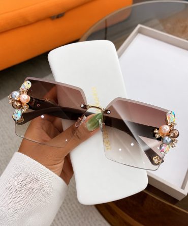 Jeweled Glamour dark brown champagne rimless sunglasses for women with gradient lenses and crystal-style embellishments - TORFEO