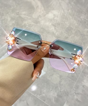 Jeweled Glamour green and pink rimless sunglasses for women with gradient lenses and crystal-style embellishments - TORFEO