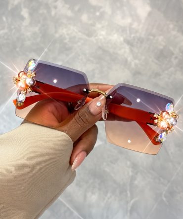 Jeweled Glamour brown rimless sunglasses with orange arm for women with gradient lenses and crystal-style pearl embellishments - TORFEO